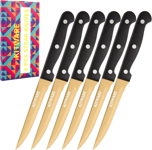 Miniatura 9 de Juego de 6 cuchillos negros para carne, juegos de carne afilados y dentados con caja de regalo, cubertería de mesa de acero inoxidable de 4.5