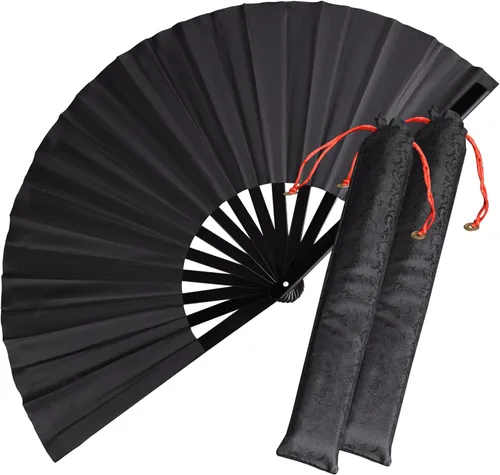 Miniatura 10 de Paquete de 2 ventiladores de mano plegables grandes, ventilador chino negro de Kung Fu Tai Chi, abanicos de tela de nailon para hombres y mujeres