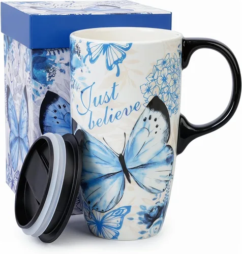 Taza de viaje de cerámica Topadorn con tapa y caja a juego, vaso de café de 17 onzas apto para microondas y lavavajillas, mariposa Solo creer