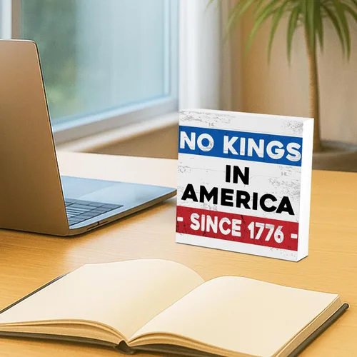 Miniatura 5 de GoldenFleece Letrero patriótico de escritorio del 4 de julio No Kings In America Since 1776, decoración cuadrada del Día de los Caídos, decoración