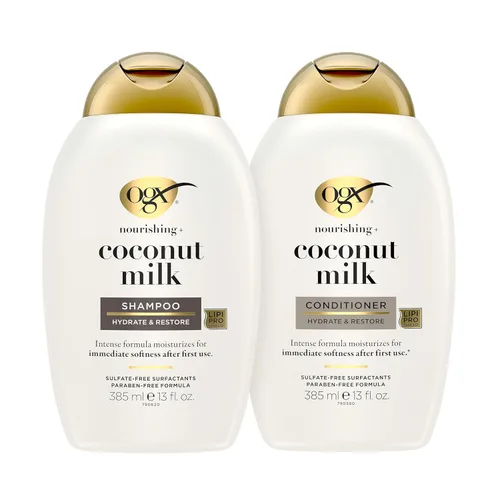 OGX Nutritivo + juego de champú y acondicionador sin sulfato de leche de coco, hidrata y suaviza el cabello, tecnología Lipi Pro Shield, aroma