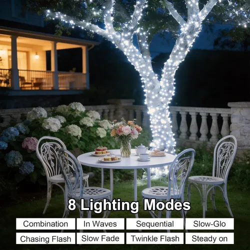 Miniatura 6 de QITONG Guirnalda de luces solares impermeables para exteriores, paquete de 2 unidades de 200 luces LED blancas de Navidad de 66 pies, cable Blanco