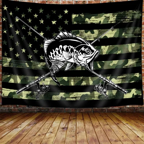 Miniatura 10 de Tapiz de Oso con Bandera Americana Country, Tapiz Rústico de Caza Camo Bass Bear en Blanco y Negro para Colgar en la Pared para Dormitorio de Oso
