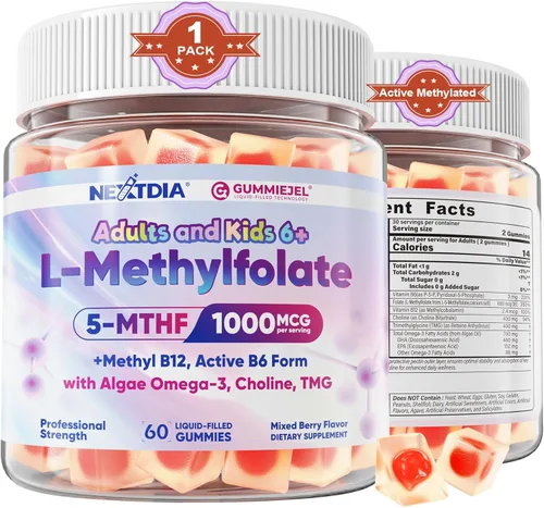 L-metilfolato de 1000 mcg + gomitas de metilo B12 para niños y adultos – Activo 5-MTHF, con Omega-3 DHA y EPA (3:1), colina y TMG, B6, apoya el gen