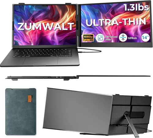ZUMWALT - Extensor de pantalla para portátil, monitor portátil dual de 14" FHD 1080P para portátil, extensor de monitor ultradelgado para viajes,