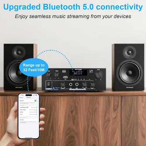 Miniatura 4 de Romica AK55 Amplificador de audio estéreo, 2 canales 500 W Bluetooth 5.0 Receptores estéreo de audio doméstico con FM, Echo, AUX, USB, SD, MIC