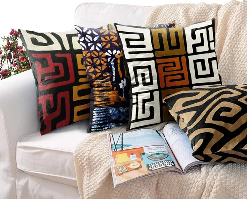 Miniatura 4 de ArtSocket Juego de 4 fundas de almohada naranja tribal Kuba inspiradas en la tierra, colores geométricos, étnicos, negro, marrón, barro, africano
