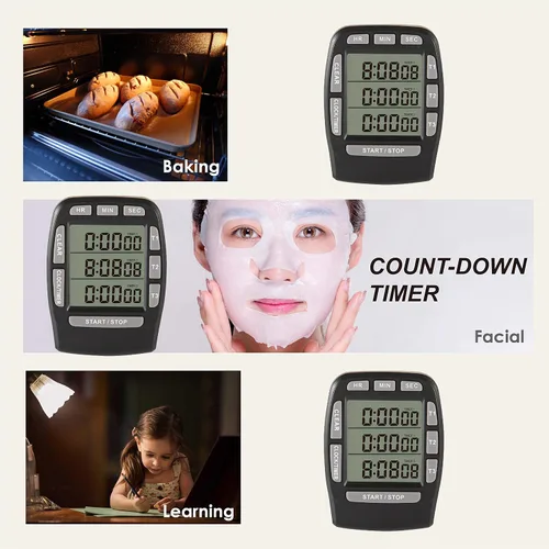 Miniatura 2 de Temporizador triple de cocina digital, seguimiento de cuenta regresiva y cuenta regresiva, recordatorio de zumbador fuerte, batería reemplazable