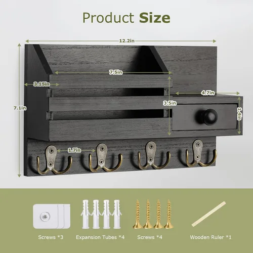 Miniatura 5 de Soporte para llaves de pared, organizador de correo adhesivo de madera y llaves con cajón, estante pequeño, 8 ganchos, 2 métodos de instalación