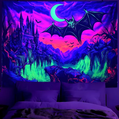 Miniatura 39 de BVBOX Tapiz de Halloween con luz negra, reactivo a los rayos UV que brilla en la oscuridad, póster de tapiz trippy con luz negra para sala de estar