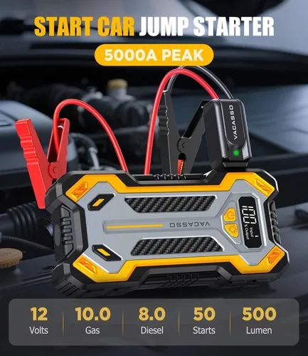 Miniatura 2 de Arrancador de batería de coche de 5000 A para motores de gasolina de hasta 10L y 8L diésel, paquete de energía portátil de 12 V con caja de arranque