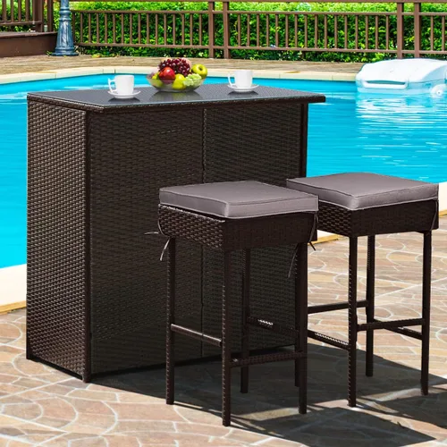 Miniatura 2 de Tangkula - Juego de barra para patio, 3 piezas de mimbre para exteriores, con 2 taburetes con cojines y mesa con cubierta de cristal, color gris