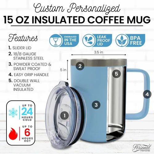 Miniatura 3 de My Personal Memories Taza de café personalizada de 15 onzas con aislamiento y asa y tapa, monograma y grabado con tu texto (azul Carolina)