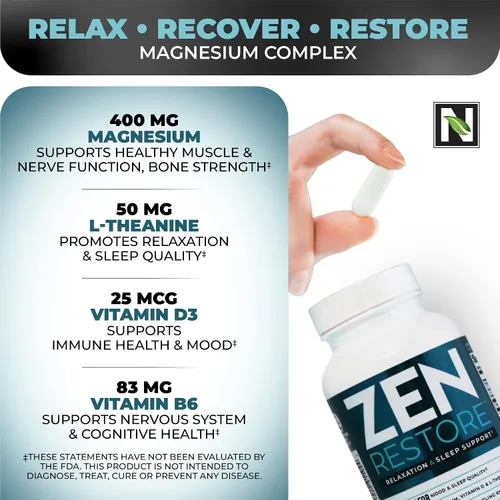 Miniatura 5 de Nutrology Zen Restore - 400 mg de malato de magnesio, vitamina D3 y L-teanina, apoya el sueño, la recuperación muscular y el bienestar suprarrenal