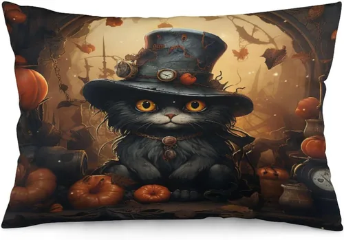 Miniatura 12 de Funda de almohada con sombrero de bruja con diseño de gato de 20 x 30 pulgadas, diseño de impresión de doble cara con cremallera invisible, Patrón 8