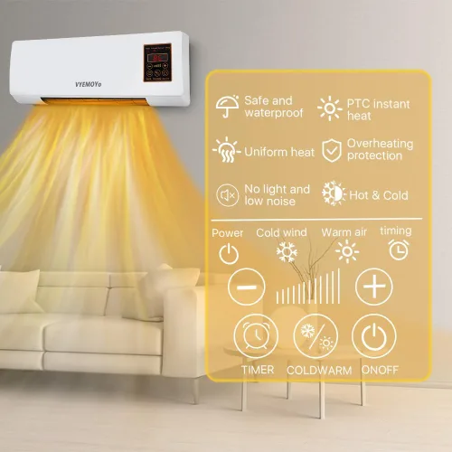 Miniatura 5 de Calentador de pared eléctrico de 1400 W para uso en interiores, cerámica PTC, calentamiento rápido 3S, temporizador de 6 horas, protección contra