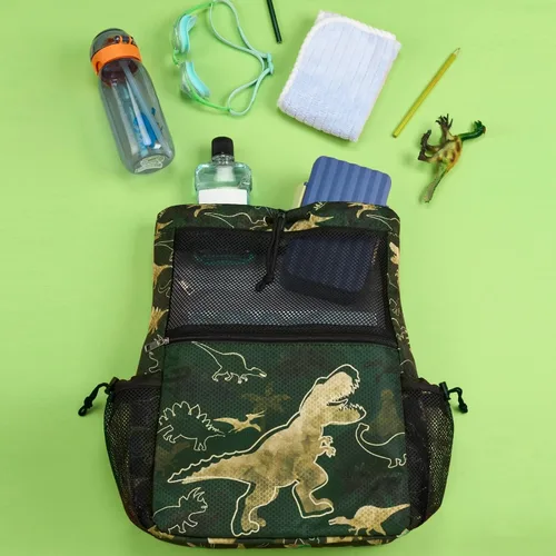 Miniatura 6 de WAWSAM Mochila con cordón para niños - Bolsa de malla con cordón para niños, Dinosaurio verde oscuro, Dinosaurio