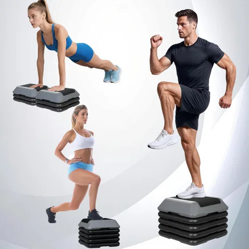 Miniatura 5 de Banco de plataforma de entrenamiento aeróbico ajustable de 16 pulgadas con 4 elevadores de 4-6-8-10-12 pies de altura para gimnasio en casa, Gris