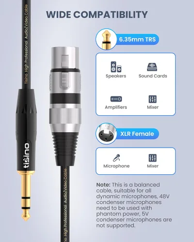 Miniatura 3 de Tisino Cable de micrófono de XLR hembra a TRS de 1/4'', conector estéreo de 6.35mm a XLR hembra de 3 pines cable de interconexión balanceado - 3.3FT