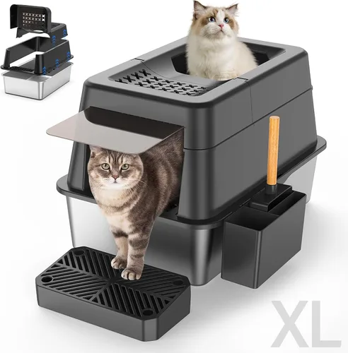 Aphyxen Caja de arena de acero inoxidable con tapa, caja de arena para gatos extra grande cerrada para todos los gatos, diseño modular con tapa