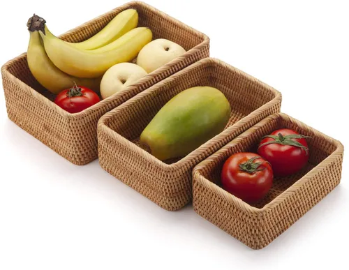 Miniatura 3 de Cestas de almacenamiento de frutas de ratán natural rectangulares de mimbre tejido para portallaves y control remoto, apilables, naturales, juego