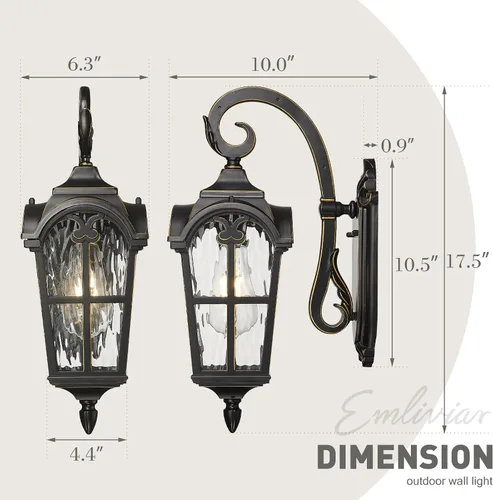 Miniatura 6 de Emliviar Aplique de Pared Vintage para Exteriores con Vidrio de Ondas de Agua, Linterna de Pared para Porche Delantero de 17.5", Acabado Negro