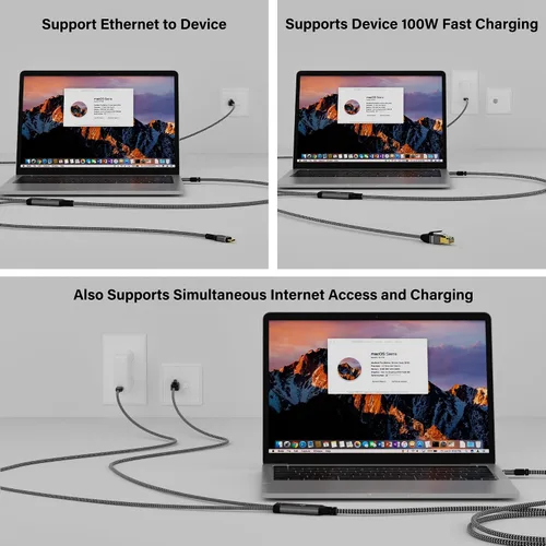 Miniatura 3 de Cable Ethernet a USB-C, 6 pies, cable tipo C a RJ45 con USB-C macho, carga rápida PD de 100 W, Gigabit, para MacBook Surfing Internet