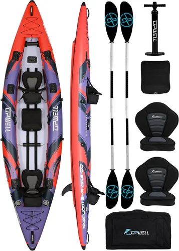 UPWELL Kayak inflable de 11 pies/14 pies 6 pulgadas con piso de punto de caída y accesorios, incluyendo asiento de kayak con cojín grueso, paleta,
