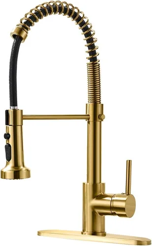 AIMADI - Grifo de cocina dorado con rociador extraíble, grifo de cocina comercial de una sola manija con placa de cubierta, acabado en oro cepillado