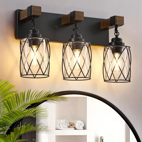 Accesorios de iluminación de baño de granja, lámpara de tocador de baño de 3 luces con pantalla de metal y vidrio, accesorios de iluminación