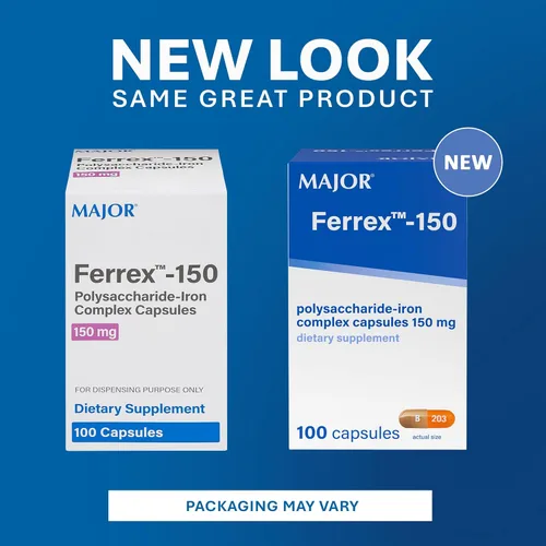 Miniatura 3 de MAJOR Ferrex-150 cápsulas complejas de polisacárido y hierro de 150 mg suplemento de hierro para mujeres y hombres - Suave con el estómago - 100