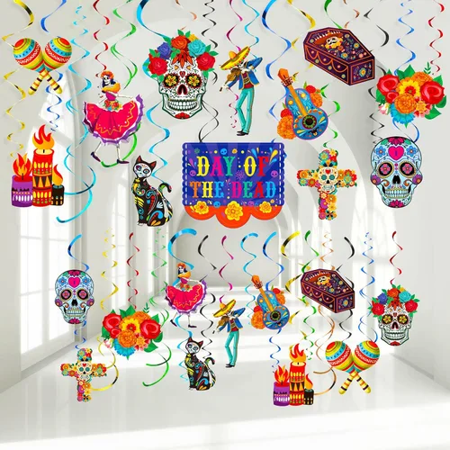 30 remolinos de papel de aluminio del Día de los Muertos, decoraciones de Halloween, calavera de azúcar, flores colgantes en el techo, remolinos de