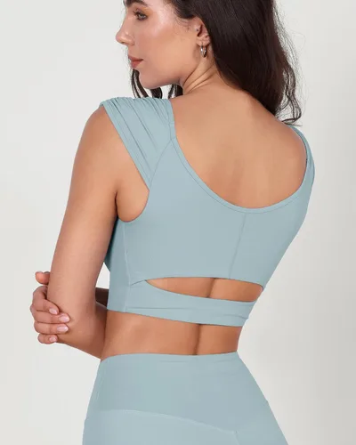 Miniatura 42 de ODODOS Camiseta corta sin mangas con cuello en V y frente fruncido para mujer, recortada en la espalda, manga casquillo
