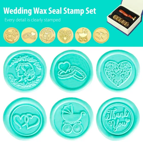 Miniatura 2 de Juego de 6 cabezas de sello de cera de boda con cabeza de latón + 1 mango de madera vintage + caja de regalo, sellos de cera para boda