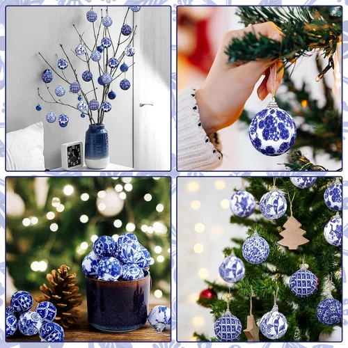 Miniatura 5 de Preboun 48 Piezas Adornos de Bolas Navideñas Chinoiserie Azul y Blanco Decoración de Árbol Chinoiserie Adornos Colgantes para Árbol de Navidad