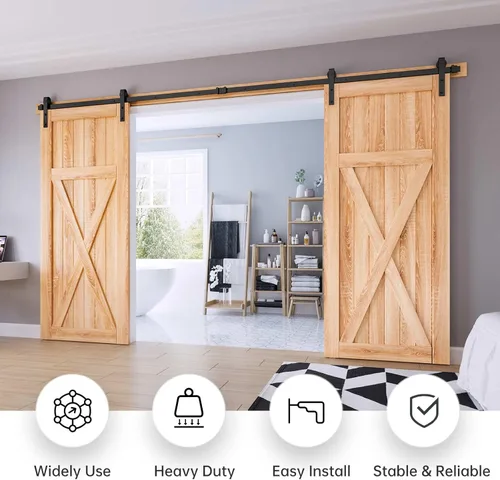 Miniatura 2 de EaseLife Kit de Rieles para Herrajes de Puerta Corredera de Granero de Doble Puerta de 14 Pies, Polea J Básica, Trabajo Pesado, Se Desliza Suave