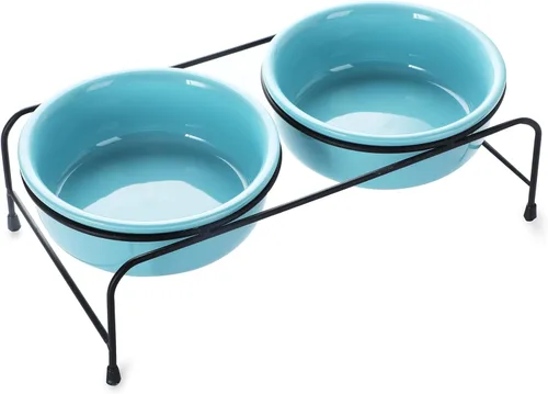GDCZ Soporte elevado para cuenco para gatos, soporte de metal de 11 pulgadas con 2 cuencos de cerámica extraíbles de 15 onzas para comida y agua de