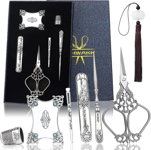 SHWAKK Kit de tijeras de bordado, tijeras vintage con estilo europeo, kit de costura vintage para manualidades, costura, herramientas artesanales