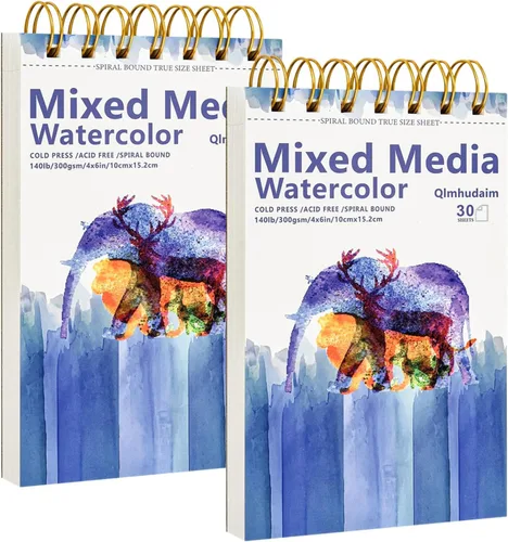 Miniatura 11 de Cuaderno de bocetos de medios mixtos Qlmhudaim 4" x 4" 30 hojas 140 lb/300 g, encuadernado en espiral con línea de desgarro De grado