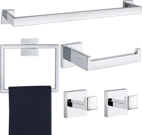 Miniatura 8 de Juego de 5 piezas de accesorios de ferretería para baño en negro mate, juego de toalleros cuadrados de 16 pulgadas para baño, juego de barras