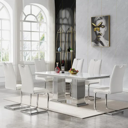 Miniatura 51 de 5 Piece Black Marble Dining Table Set for 4, Modern Faux Marble Kitchen Dining Room Tables with 4 Leather Chairs Set, 68.11" Luxury Rectangular