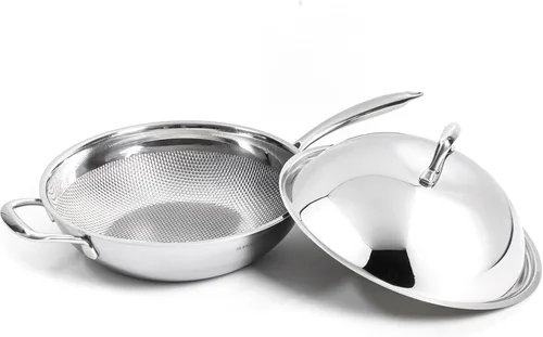 Miniatura 8 de BUFFALO Sartén para wok de acero inoxidable con tapa, parte inferior redonda de 14 pulgadas (13.8 in), utensilios de cocina antiadherentes de tres