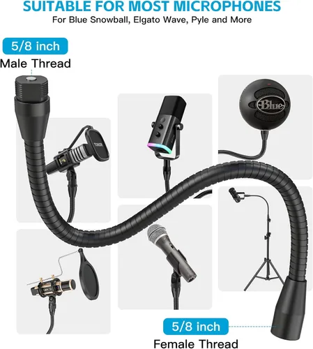Miniatura 4 de ZealSound Brazo de manguera de metal multifuncional, cuello de cisne de micrófono de 13 pulgadas, extensión de soporte para soporte de piso