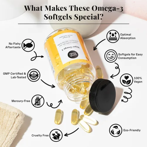 Miniatura 3 de Earth & Elle Suplemento de algas Omega 3 - Omega 3 vegano - Suplemento vegano Omega 3 con aceite de algas y DHA vegano - Ayuda a apoyar la salud
