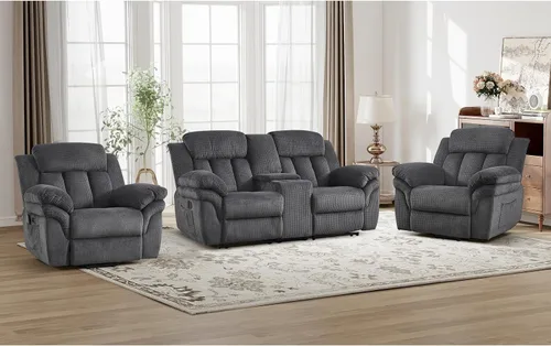 Miniatura 10 de CANMOV Juego de sofá reclinable, sofá biplaza reclinable manual y sofá de 3 plazas con reposabrazos sobrerelleno para sala de estar, muebles de Gris