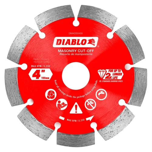 Disco de corte segmentado de diamante Diablo para mampostería, hormigón, ladrillo y bloque - Diámetro de 4", Kerf de 2.2mm, 15250 RPM máx. -