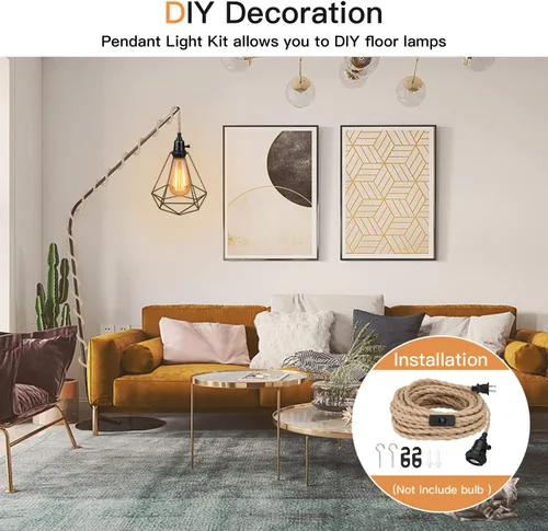 Miniatura 8 de Kit de luces colgantes de 16.5 pies, luces colgantes con cable de enchufe e interruptor, lámpara colgante de cuerda de cáñamo E26, cable de linterna