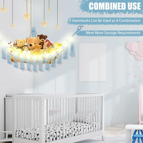 Miniatura 8 de CERETIA Hamaca de animales de peluche con luz LED, red grande de almacenamiento en esquina de animales de peluche para decoración de habitación