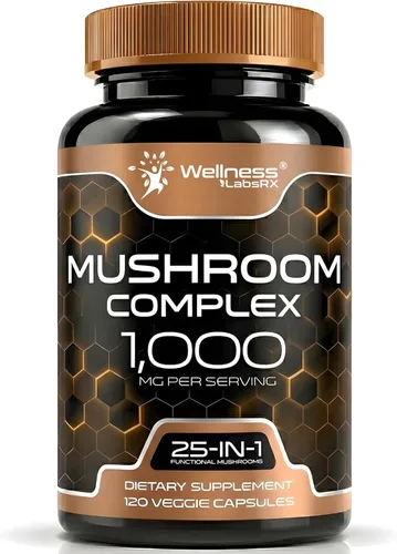WELLNESS LABSRX Cápsulas de suplemento de hongos extracto 10:1, cápsulas complejas de hongos 1000 mg, suplemento de melena de león con cola de pavo,