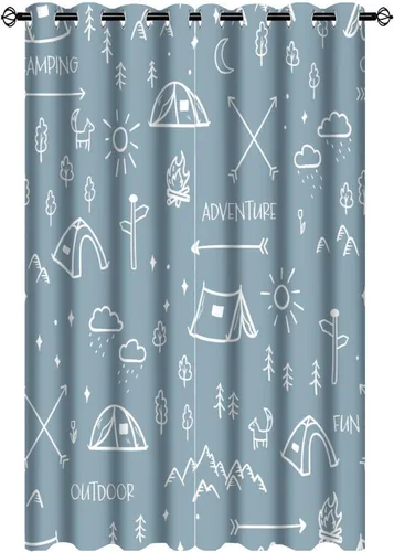 Miniatura 26 de Cortinas abstractas con estampado de cámper de caricaturas, divertido tema de aventura, campamento, montañas, vida silvestre, oso, tratamiento